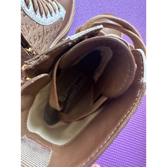 $1196 Jimmy Choo Boots 36.5 Cora Ankle Leather Combar Boots Brown Monogram NEW - Picture 6 of 8